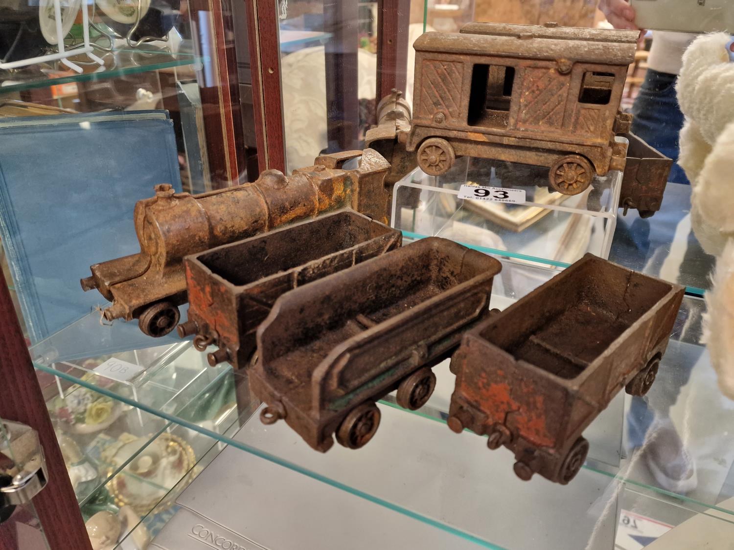 Antique Cast Iron 'Wallworks Patent' Model Train Locomotive Steam Engine, Tender, Wagons and Van