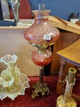 Antique English-Made Duplex Rose Glass Oil Lamp with Chimney - height approx 67cm