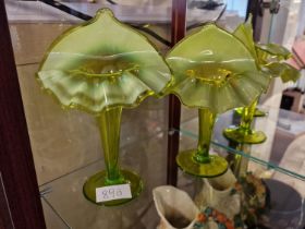 Pair of Green Uranium Vaseline Glass Vases - tallest 20cm high