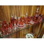 One Shelf of Vintage Cranberry and Rose Glass Vases and Jugs etc