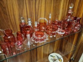 One Shelf of Vintage Cranberry and Rose Glass Vases and Jugs etc