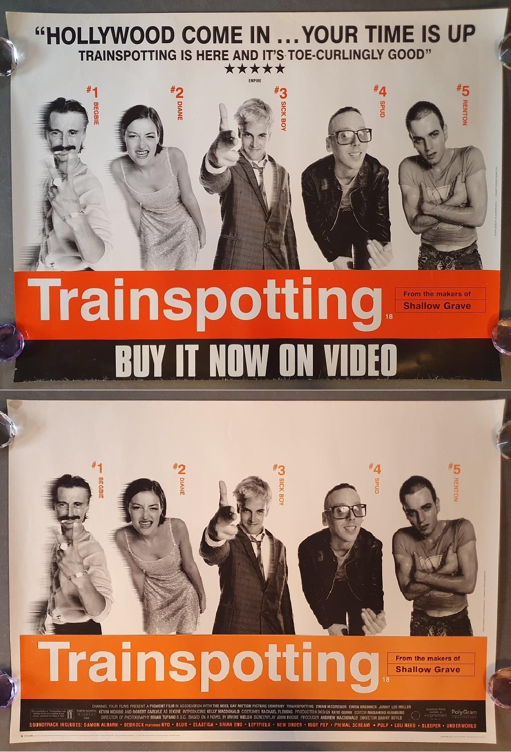 a pair of UK film posters for Trainspotting (1996), comprising circuit-release/video (40"x30") and p