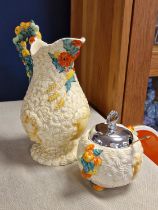 Pair of Clarice Cliff Newport Celtic Harvest Pieces including Jug and Preserve Jar w/ Spoon - jug 22