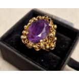 Large Antique Gold Ladies Keeper Dress Ring w/ Large Central Amethyst Stone - size P+0.5, 10.7g