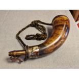 Antique Tortoiseshell Horn and Brass Rifle Powder Flask "Sykes Patent" - 26cm long