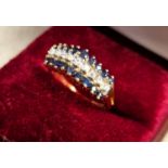 14ct Gold, Triple Row Sapphire & Diamond Half-Eternity Ring - size N, 2.8g
