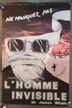 Folded French film poster (47"x32") for the Invisible Man [1933; rerel. 1970; art by Gaborit] (edgew