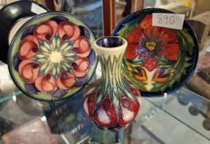 Trio of Small 2000s Floral Moorcroft Pieces including Vase and Plates - plates diameter 12cm