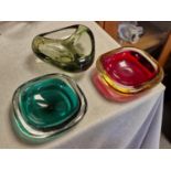 Trio of Retro Murano Glass Coloured Ashtrays