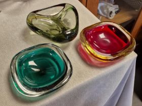 Trio of Retro Murano Glass Coloured Ashtrays