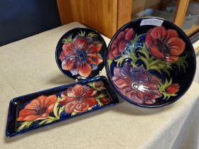 Trio of Moorcroft Anemone Pieces including Bowl, Tray and Small Plate - signature to underside of tr