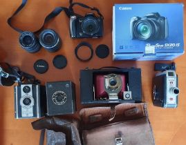 Canon PowerShot SX20IS digital SLR + 3 Canon lenses, 3 vintage box cameras (Kodak/Coronet) and Kodak