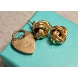 9ct Gold Knot Earrings plus 9ct Gold Padlock Gate Pendant - total weight 3.95g