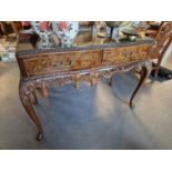 Vintage Twin-Drawer Side Table, French Louis XVI Style, with Glass Top, Serpentine Front and Carved