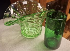Pair of Art Glass Pieces inc a Geometric Uranium Glass Bowl + a Dullicante Bubble Tankard