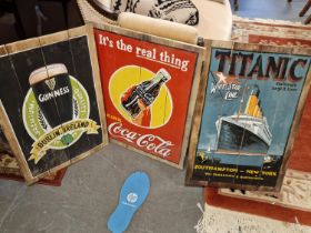 Three Wooden Slat Vintage Advertising Art Signs, Coca Cola, Guinness & Titanic