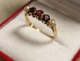 9ct Gold, Garnet & Pearl Half Eternity Ring, size N