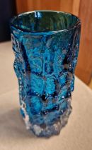 Vintage 1960s Whitefriars Bark Vase in Turquoise Kingfisher Blue - 15.5cm tall