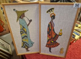 Pair of African Basuto and Swaziland Crystal/Glass on Fabric Art of Tribal Ladies - 47x25cm inc fram