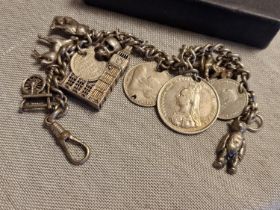 Hallmarked Sterling Silver Charm Bracelet w/ Victorian Coins - total weight 43.1g