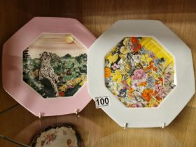 Pair of Hand-Painted Limoges Octagonal Plates including Cheetah Detail - diameter 26cm