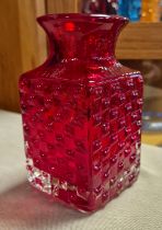 1970s Whitefriars Ruby Red Textured Cube Vase - 14.5cm tall