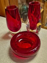 Trio of Vintage Whitefriars Ruby Red Glass Examples inc Controlled Bubble Ashtray