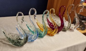 Set of Seven Whitefriars Glass Swans - approx 21cm high