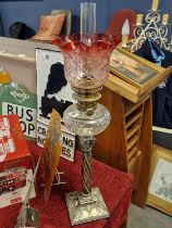Victorian Rose Glass Oil Lamp with Silver Plate Pillar Base - 79cm high