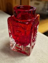 Vintage Small Whitefriars Greek Key Vase in Ruby Red - 11cm tall