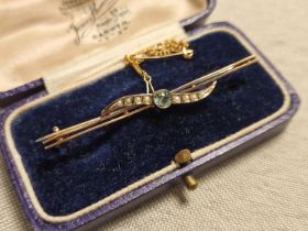 Antique 9ct Gold, Aquamarine and Pearl Pin Brooch