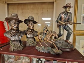 Group of Four Bronze Effect Franklin Mint and Other Western Movies John Wayne Figures