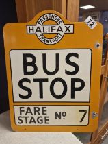 Vintage Orange Metallic Halifax Passenger Transport Bus Stop Advertising Sign with 'Fare Stage No. 7