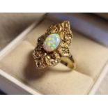 Vintage 9ct Gold & Opal Ornate Dress Ring - size R, 4.7g