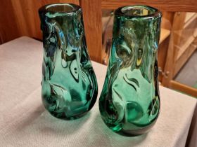 Pair of Whitefriars Liskeard Green Knobbly Designer Vases - pattern 9069, 18cm tall