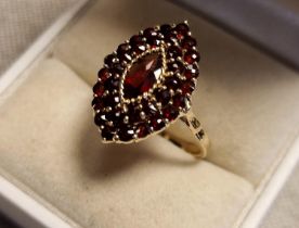 9ct Gold and Garnet Large Diamond Shaped Cluster Ring, 3.7g and size Q