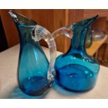 Pair of Vintage Whitefriars England Turquoise Kingfisher Blue Jugs w/ Clear Glass Handles - 17.5cm a