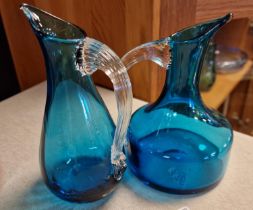 Pair of Vintage Whitefriars England Turquoise Kingfisher Blue Jugs w/ Clear Glass Handles - 17.5cm a