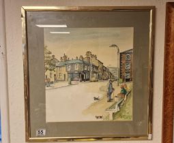 Framed Yorkshire Village Scene by Albin Trowski - coloured pen and ink, 51x49cm inc frame