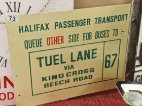Vintage Metallic Enamel Halifax Passenger Transport 'Tuel Lane via King Cross Route Number 67' Adver