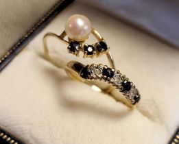 Pair of 9ct Gold & Sapphire Dress Rings inc one Pearl and one Diamond Example - size K and Q+0.5, to