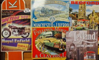 Quintet of Retro Metallic Railway/Train/Bus/Motorcycle Advertising Signs inc Enfield, Bedford and Le