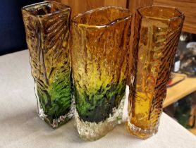 Trio of 1970s Japanese Tajima Bark Pattern Glass Vases - approx 18cm tall