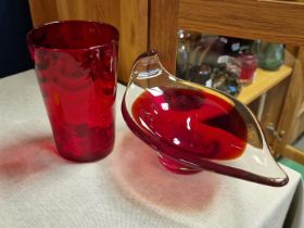 Pair of Vintage Ruby Red Whitefriars Designer Art Glass Pieces - cup 15cm tall, bowl 24cm long