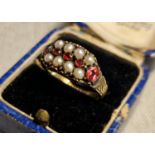 Antique 15ct Ruby and Pearl Mourning Ring w/ Celtic Detail to Band - 2.7g