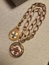 9ct Gold Double-Ended Pocket Watch Chain and Fob inc West Riding County Morley AFC Medal - total wei