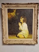 Large Framed Victorian Oil on Canvas of a Praying Girl - signed indistinctly 'A. Fisher' or A. Ficha