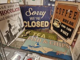 Quintet of Retro Shop Advertising Display Signs inc 'Sorry We're Closed' and 'Fish and Chips Ahoy' -