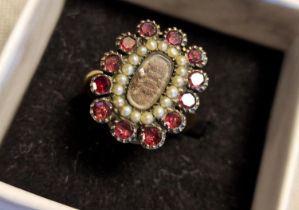 Antique Victorian Ruby and Pearl 18ct Gold Mourning Ring - size M+0.5