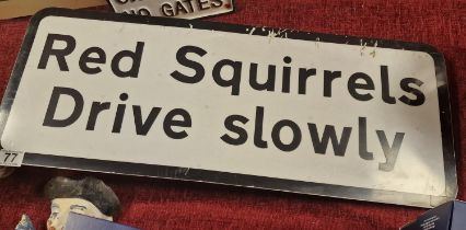 Vintage British Roads Safety Advertising Sign 'Red Squirrels Drive Slowly' - 74x29cm